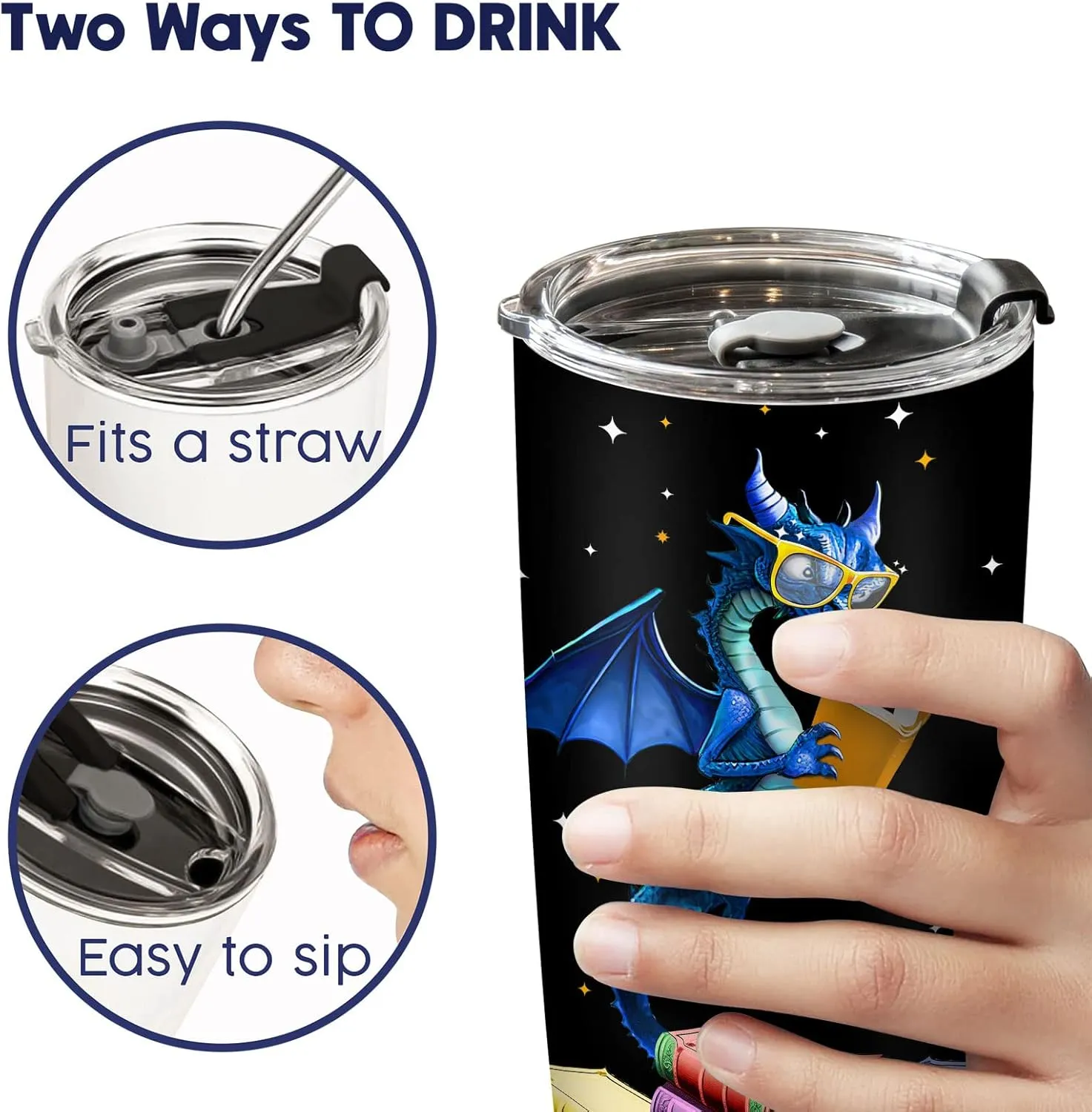 34HD Book Dragon Tumbler with Lid, 20oz Stainless Steel Vacuum Insulated Dragon Coffee Mug, Book Lover Gifts for Birthday Christmas Back To School, Bookworm Gifts for Women, Bookish Items