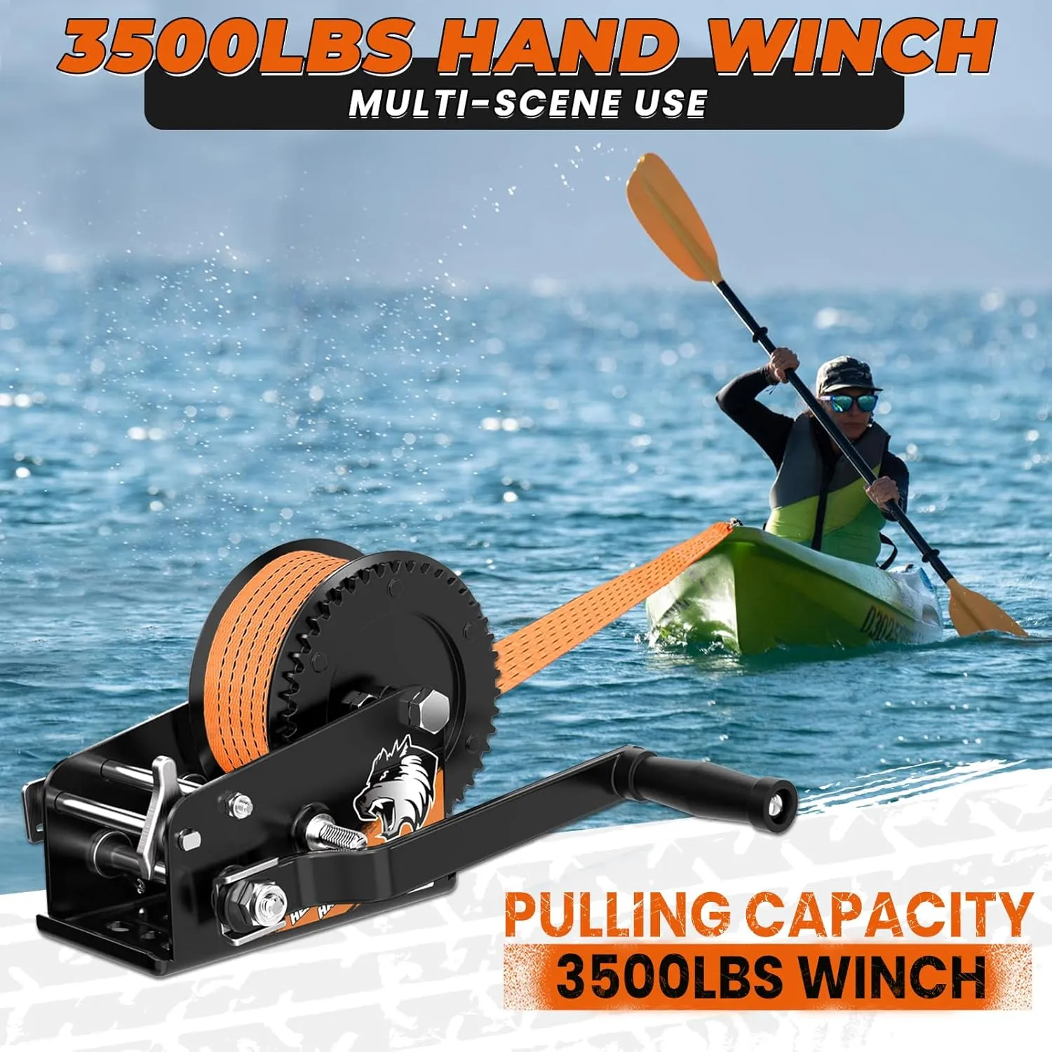 3500lbs Heavy Duty Boat Trailer Winch with 33FT Strap, 2-Way Ratchet 4:1/8:1 Gear, Portable Hand Crank Winch for Boat, Truck, Trailer, RV, ATV, Jet Ski