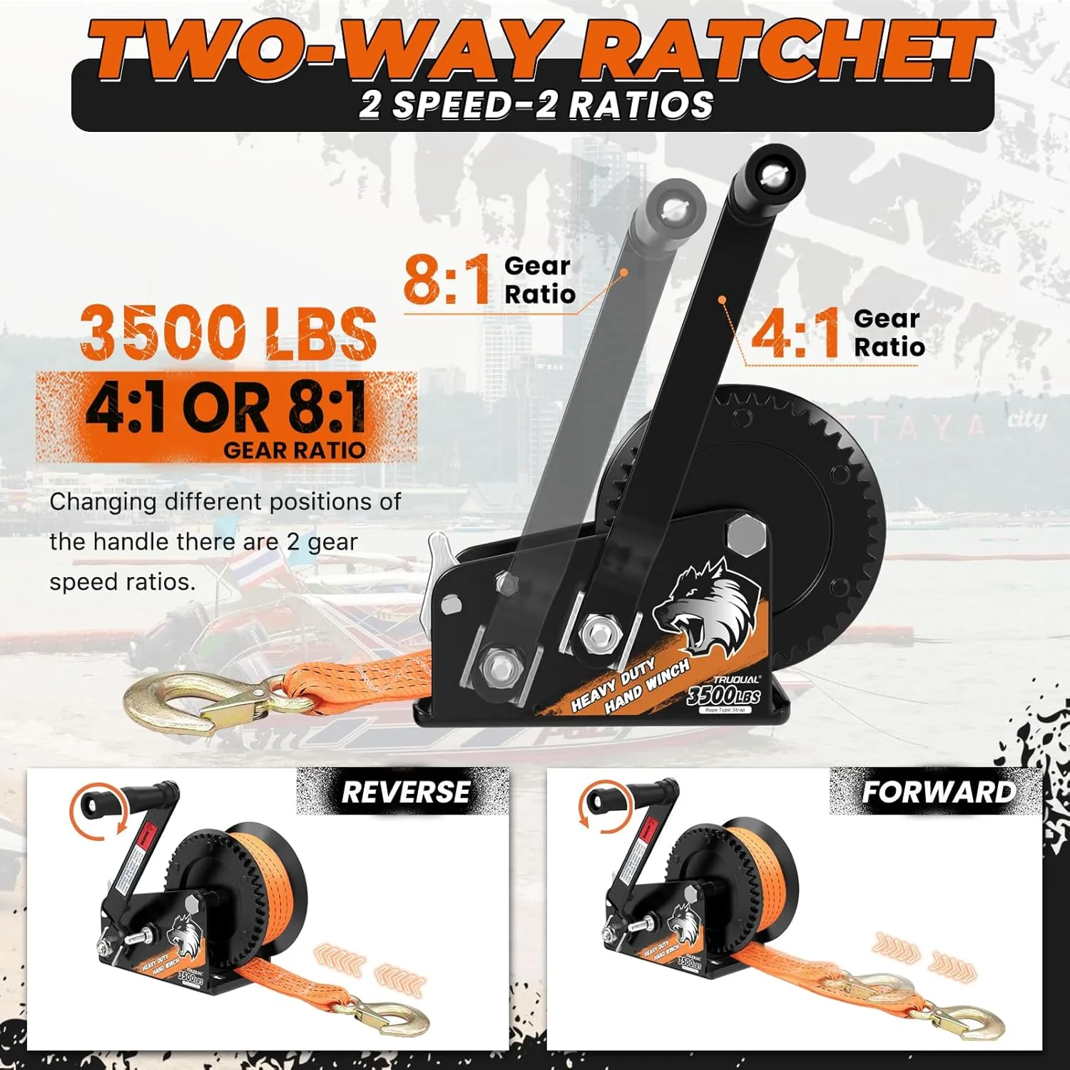 3500lbs Heavy Duty Boat Trailer Winch with 33FT Strap, 2-Way Ratchet 4:1/8:1 Gear, Portable Hand Crank Winch for Boat, Truck, Trailer, RV, ATV, Jet Ski