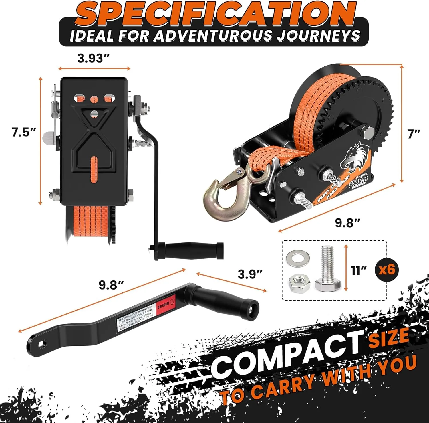 3500lbs Heavy Duty Boat Trailer Winch with 33FT Strap, 2-Way Ratchet 4:1/8:1 Gear, Portable Hand Crank Winch for Boat, Truck, Trailer, RV, ATV, Jet Ski