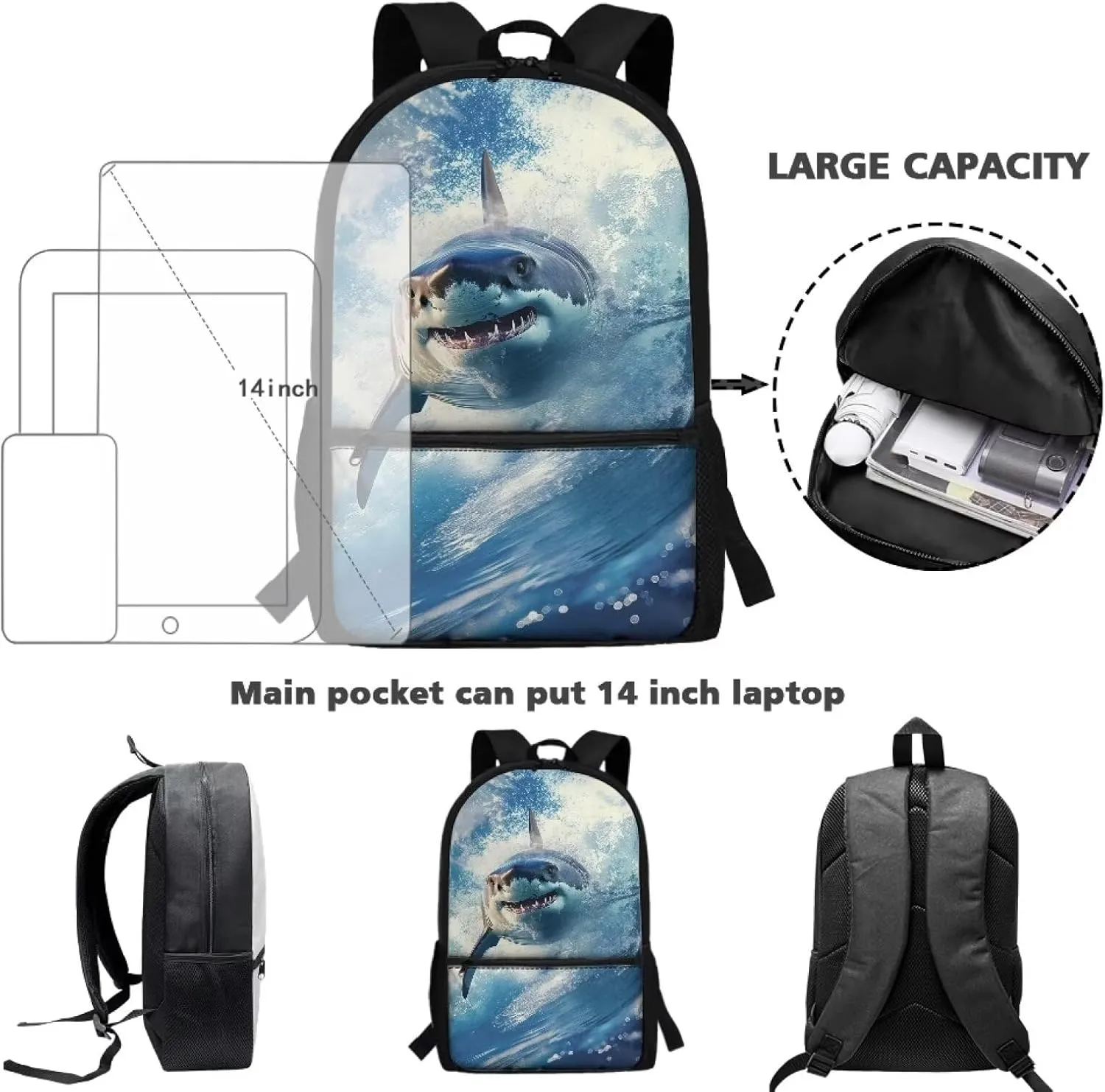 3D Shark Boys Backpacks Ages 8-10 Elementary Kindergarten Preschool School Bag Childen Teen Bookbag 17 inch Schoolbag for Kids Casual Travel Daypack
