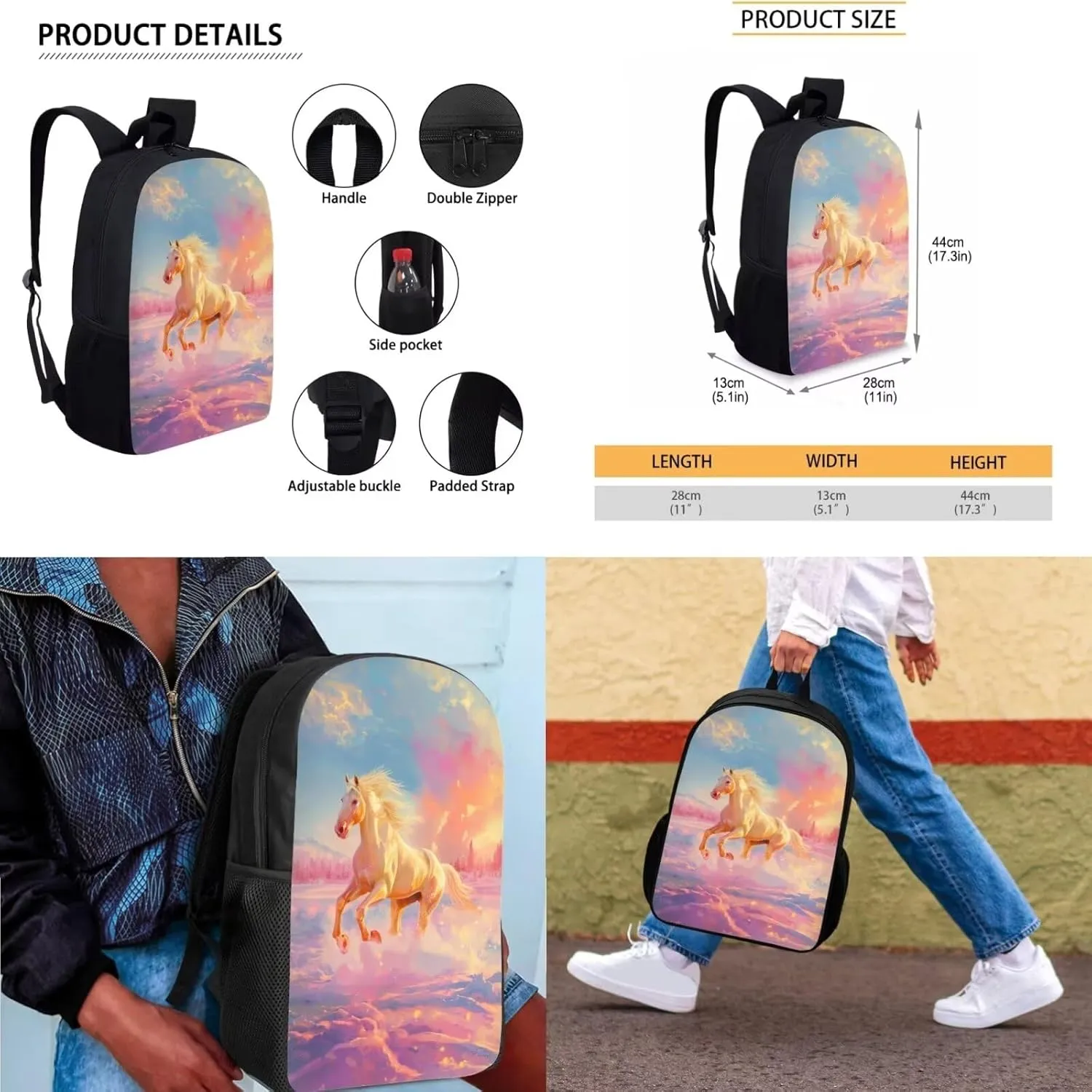 3PCS Boys Backpack, 3D Horse Kids Backpack for Girls with Lunch Box Pencil Case Casual Travel Backpack for College Large Capacity Schoolbag Bookbag for Kindergarten Elementary