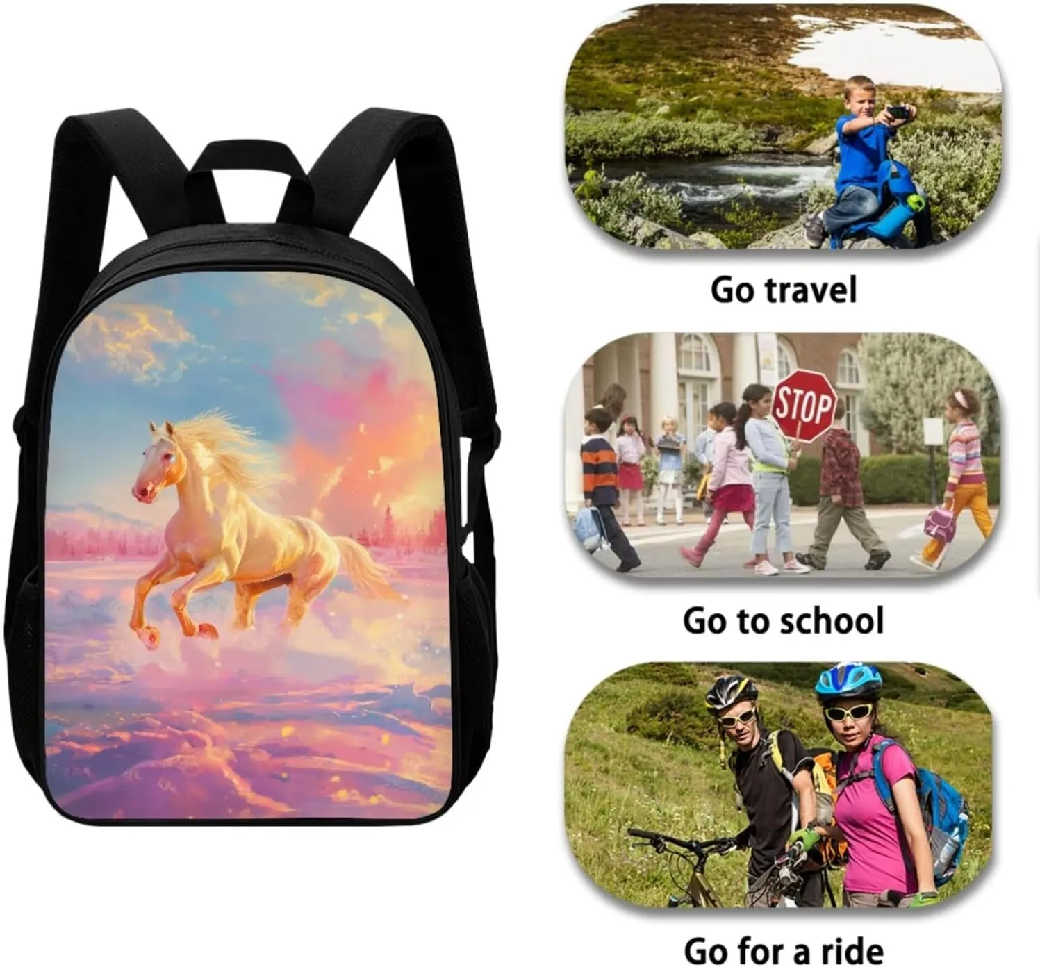 3PCS Boys Backpack, 3D Horse Kids Backpack for Girls with Lunch Box Pencil Case Casual Travel Backpack for College Large Capacity Schoolbag Bookbag for Kindergarten Elementary