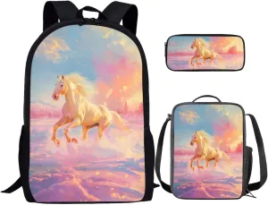 3PCS Boys Backpack, 3D Horse Kids Backpack for Girls with Lunch Box Pencil Case Casual Travel Backpack for College Large Capacity Schoolbag Bookbag for Kindergarten Elementary