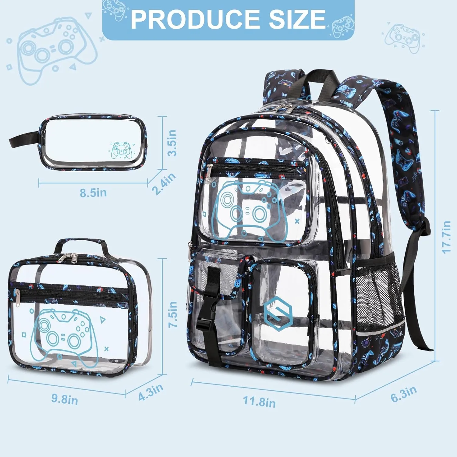 3PCS Cool Luminous Clear Backpack for Boys Kids, Gamer Clear Bookbag for School, See Through PVC Transparent Backpacks with Lunch Bag Pencil Case, Clear Backpack Heavy Duty for School Stadium