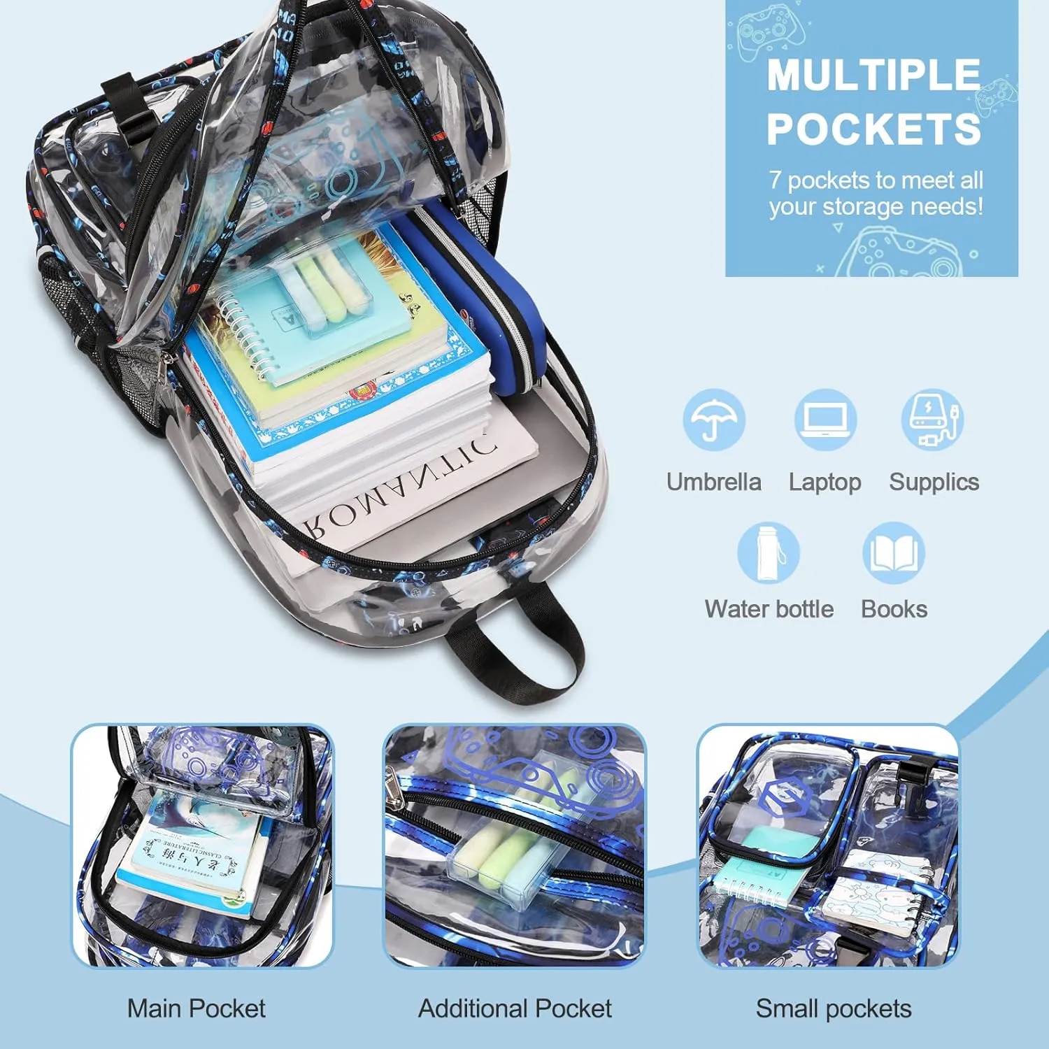 3PCS Cool Luminous Clear Backpack for Boys Kids, Gamer Clear Bookbag for School, See Through PVC Transparent Backpacks with Lunch Bag Pencil Case, Clear Backpack Heavy Duty for School Stadium