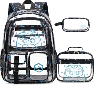 3PCS Cool Luminous Clear Backpack for Boys Kids, Gamer Clear Bookbag for School, See Through PVC Transparent Backpacks with Lunch Bag Pencil Case, Clear Backpack Heavy Duty for School Stadium
