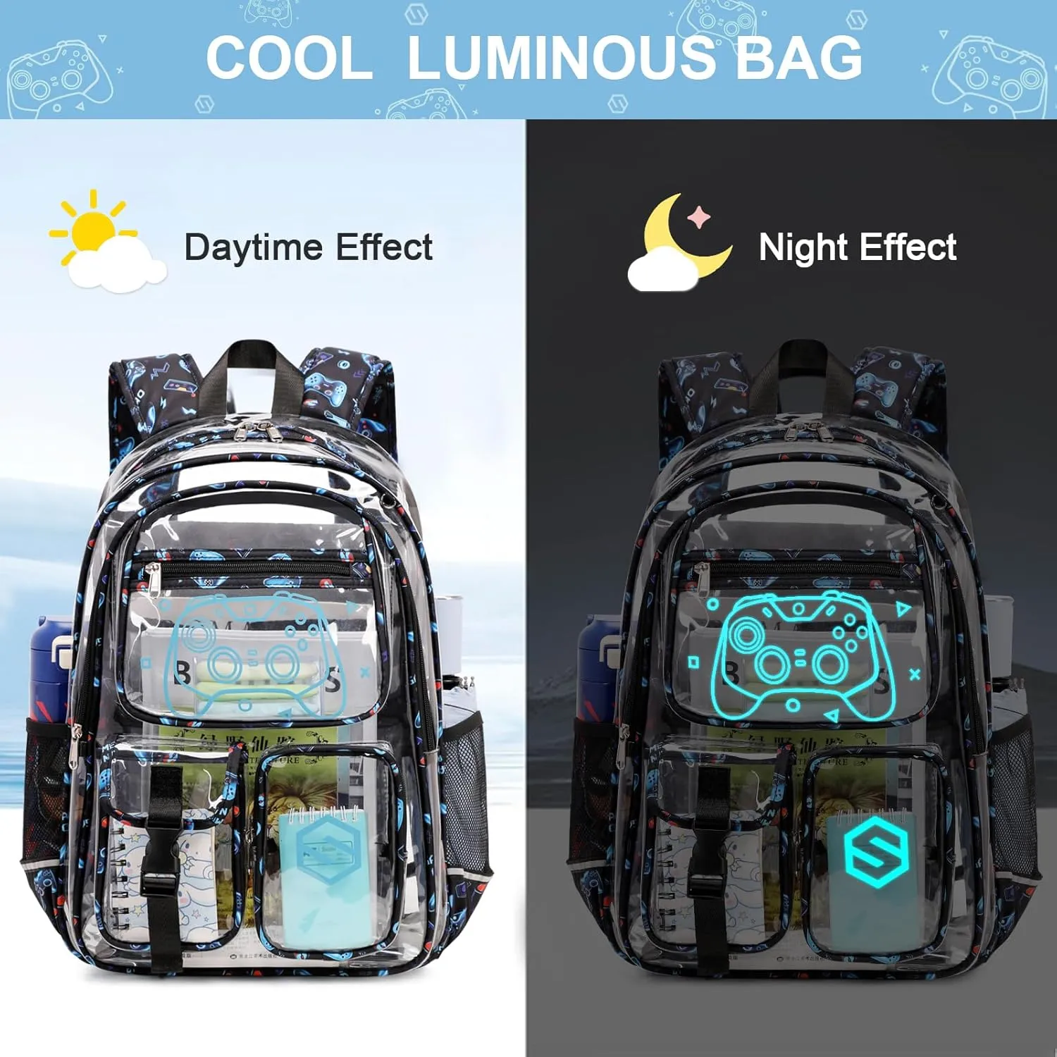 3PCS Cool Luminous Clear Backpack for Boys Kids, Gamer Clear Bookbag for School, See Through PVC Transparent Backpacks with Lunch Bag Pencil Case, Clear Backpack Heavy Duty for School Stadium