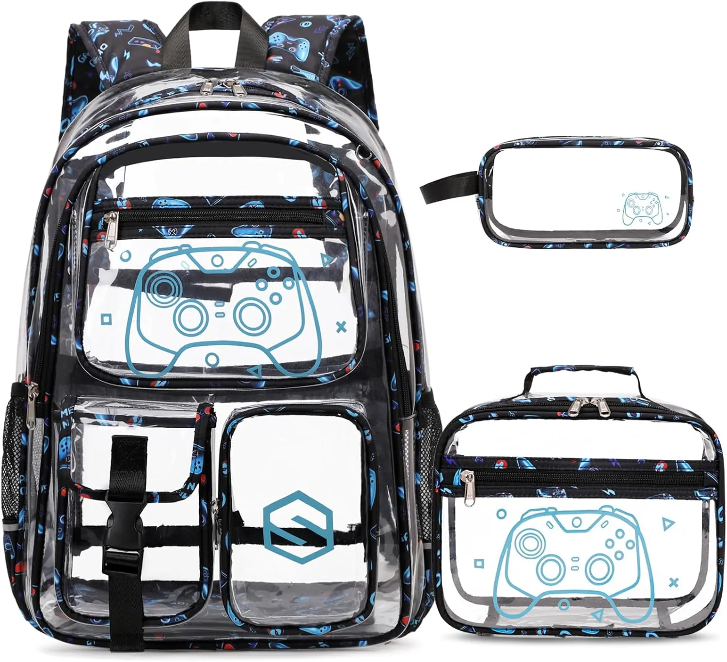 3PCS Cool Luminous Clear Backpack for Boys Kids, Gamer Clear Bookbag for School, See Through PVC Transparent Backpacks with Lunch Bag Pencil Case, Clear Backpack Heavy Duty for School Stadium