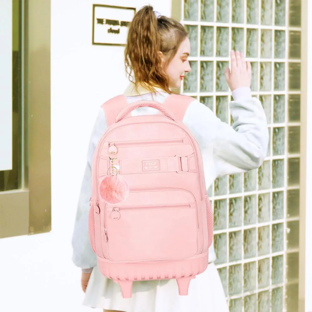 3PCS Girls Rolling Backpack, Womens Pink School Backpacks with Wheels, Water Resistant Roller Kids Wheeled Bookbag Set