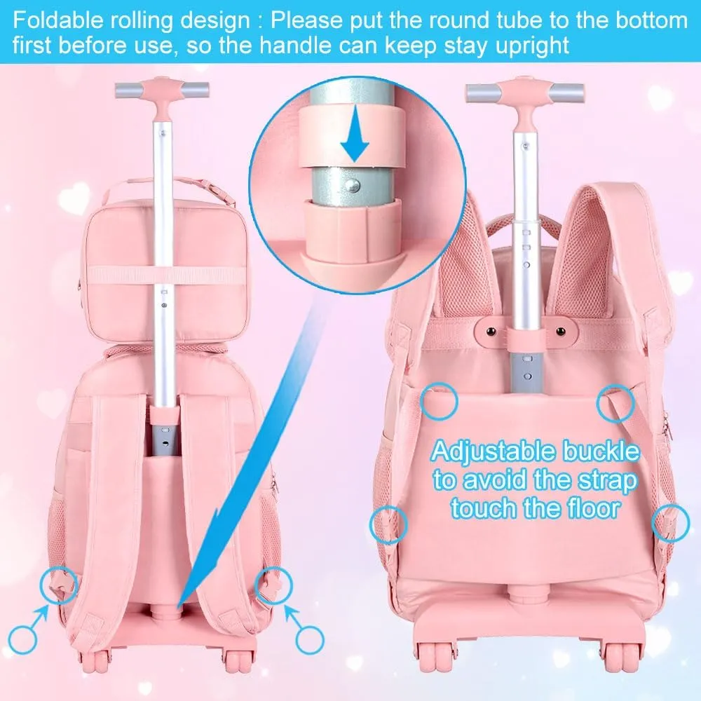 3PCS Girls Rolling Backpack, Womens Pink School Backpacks with Wheels, Water Resistant Roller Kids Wheeled Bookbag Set