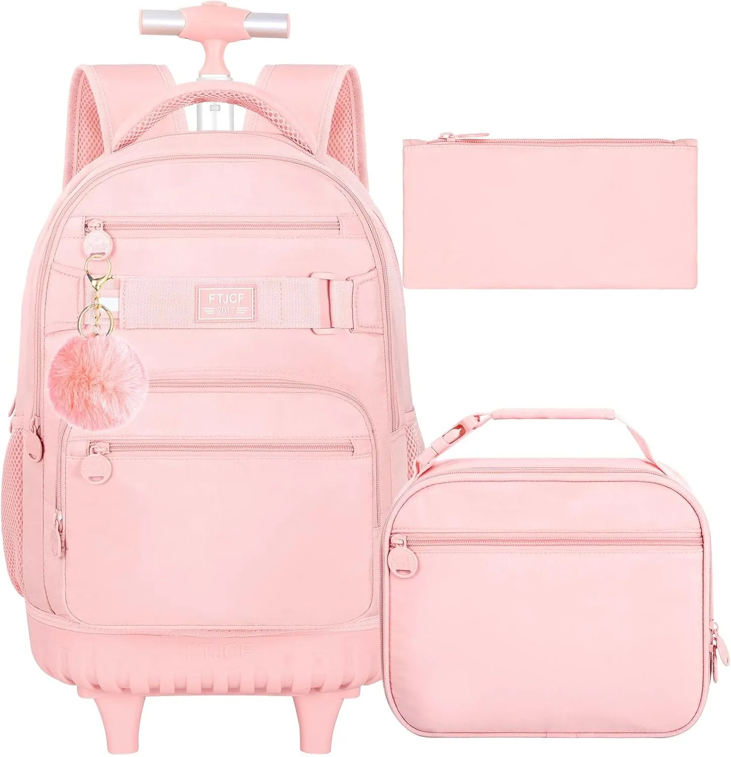 3PCS Girls Rolling Backpack, Womens Pink School Backpacks with Wheels, Water Resistant Roller Kids Wheeled Bookbag Set