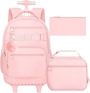 3PCS Girls Rolling Backpack, Womens Pink School Backpacks with Wheels, Water Resistant Roller Kids Wheeled Bookbag Set