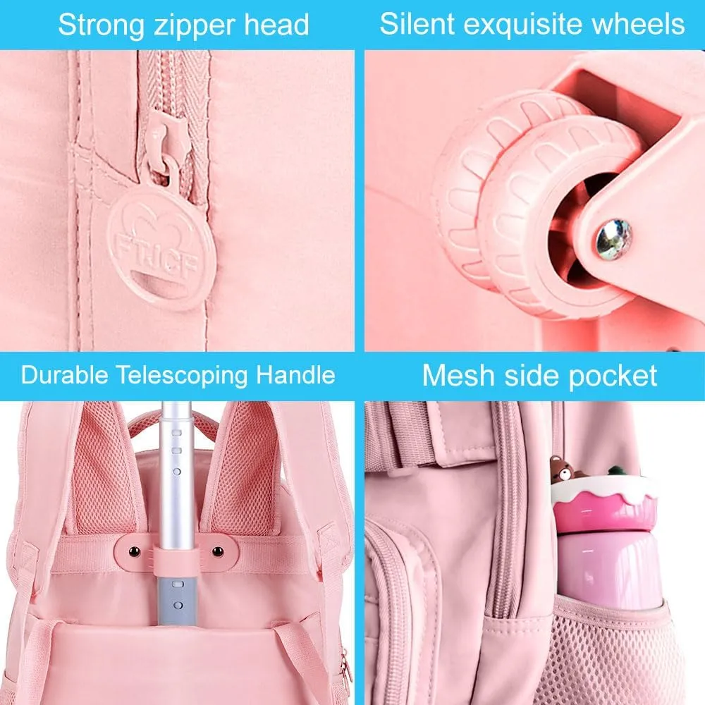 3PCS Girls Rolling Backpack, Womens Pink School Backpacks with Wheels, Water Resistant Roller Kids Wheeled Bookbag Set