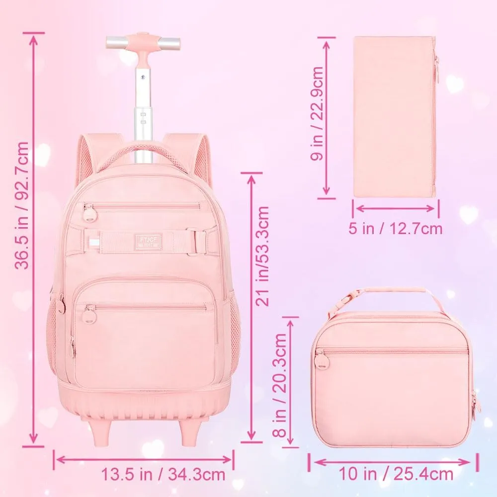 3PCS Girls Rolling Backpack, Womens Pink School Backpacks with Wheels, Water Resistant Roller Kids Wheeled Bookbag Set