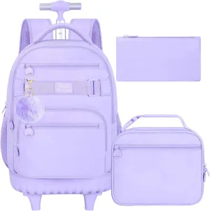 3PCS Rolling Backpack for Girls, Womens Purple School Backpacks with Wheels, Water Resistant Roller Kids Wheeled Bookbag Set