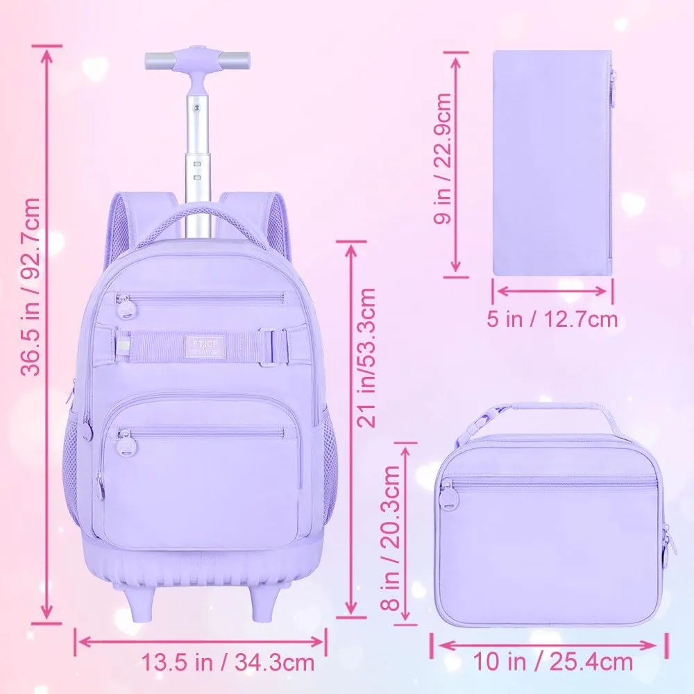 3PCS Rolling Backpack for Girls, Womens Purple School Backpacks with Wheels, Water Resistant Roller Kids Wheeled Bookbag Set
