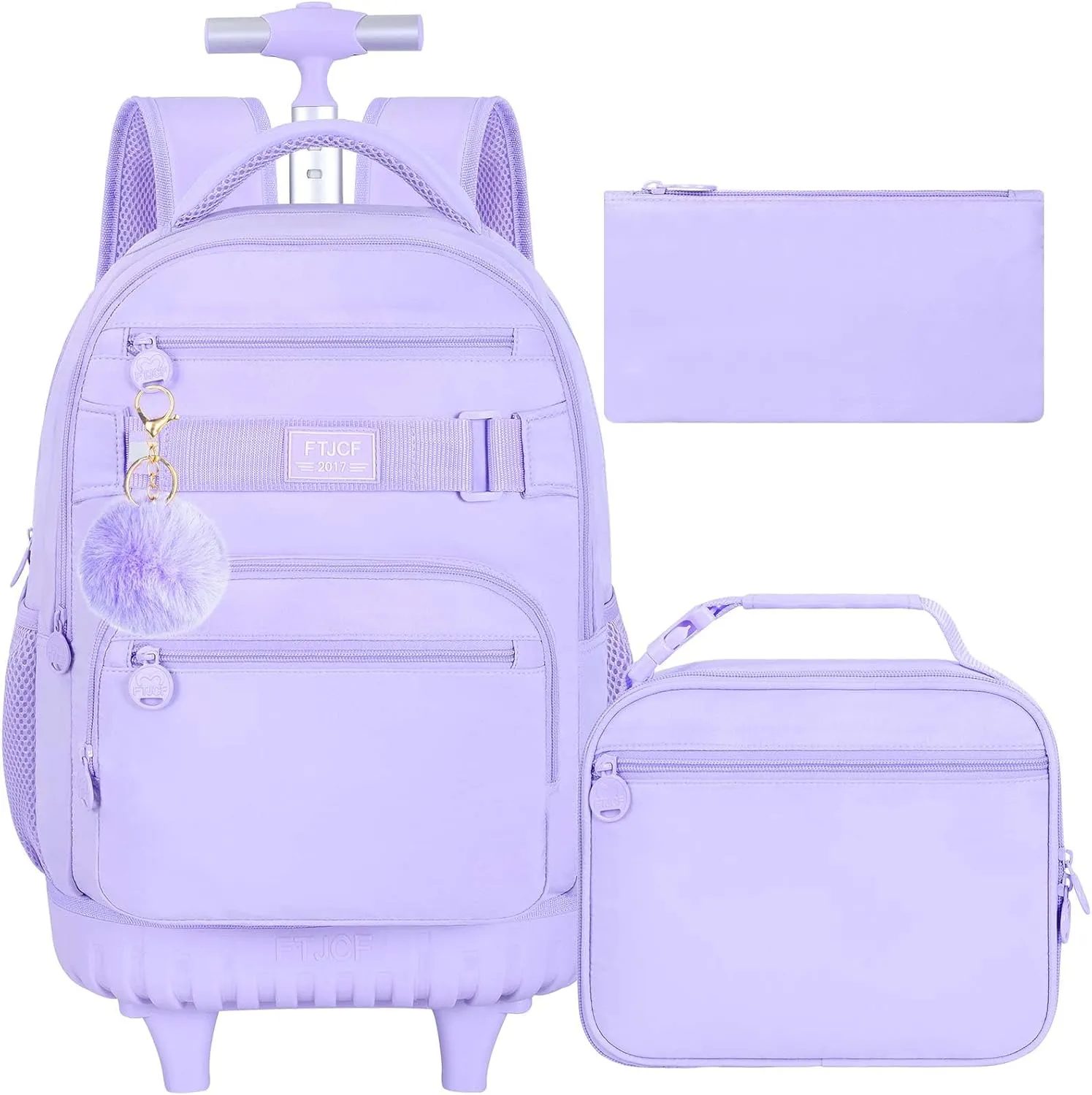 3PCS Rolling Backpack for Girls, Womens Purple School Backpacks with Wheels, Water Resistant Roller Kids Wheeled Bookbag Set