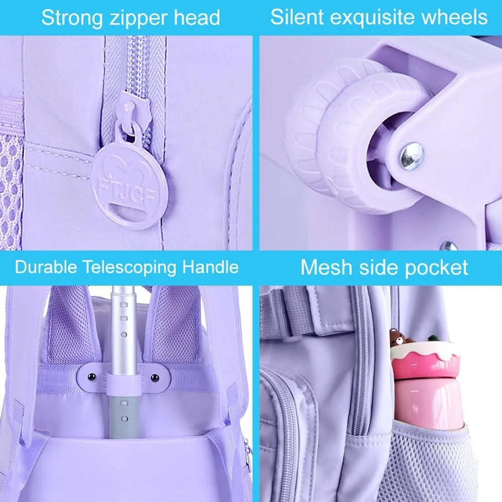 3PCS Rolling Backpack for Girls, Womens Purple School Backpacks with Wheels, Water Resistant Roller Kids Wheeled Bookbag Set