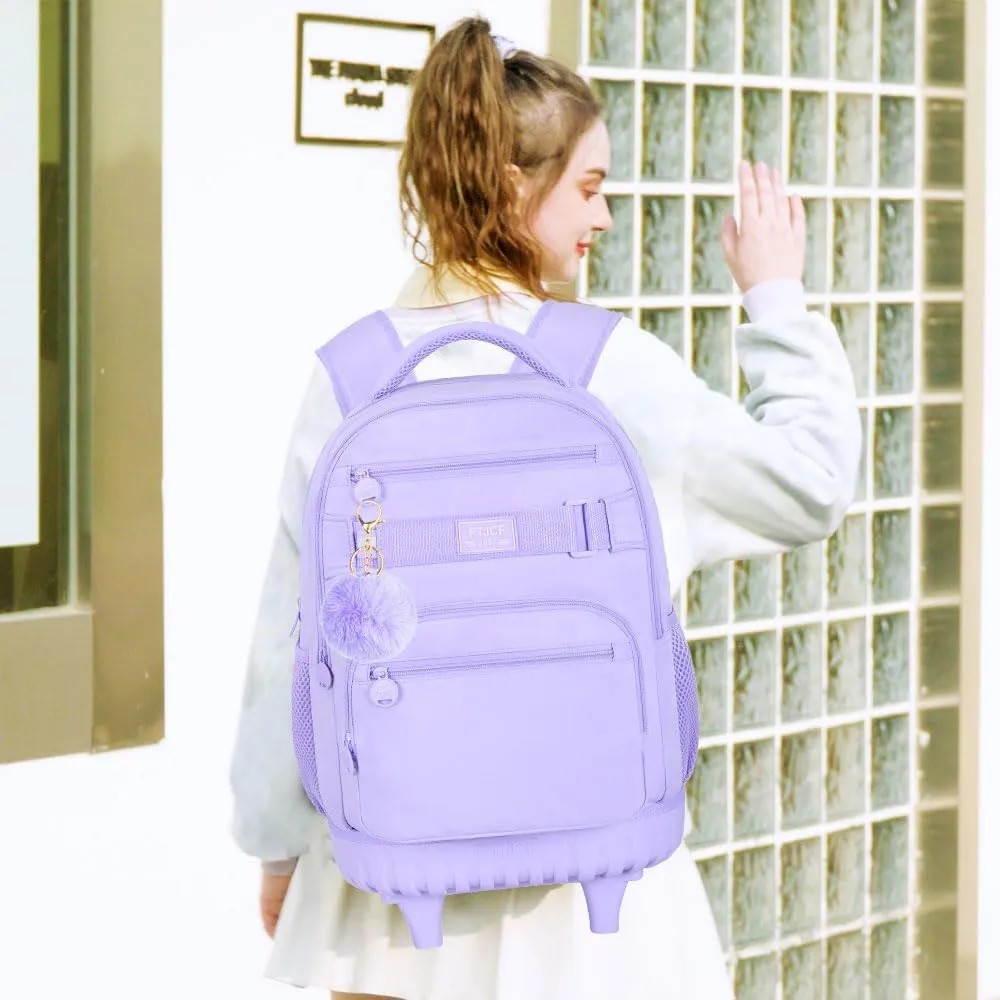 3PCS Rolling Backpack for Girls, Womens Purple School Backpacks with Wheels, Water Resistant Roller Kids Wheeled Bookbag Set