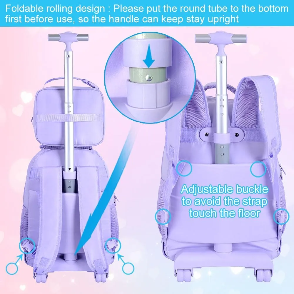 3PCS Rolling Backpack for Girls, Womens Purple School Backpacks with Wheels, Water Resistant Roller Kids Wheeled Bookbag Set
