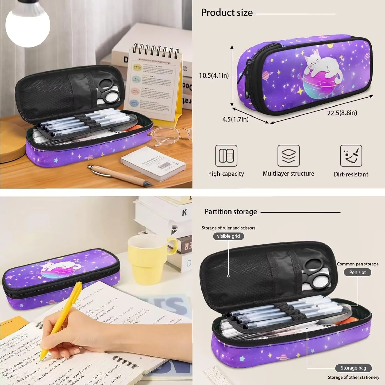 3PCS School Backpack for Boys Girls, Kids Galaxy Backpack for Teens Elementary Middle High School Students Cat Prints Large Capacity School Shoulder Bags with Lunch Box and Pencil Case