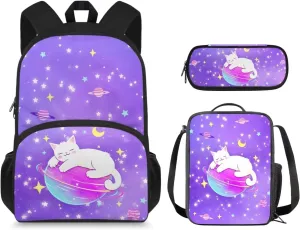 3PCS School Backpack for Boys Girls, Kids Galaxy Backpack for Teens Elementary Middle High School Students Cat Prints Large Capacity School Shoulder Bags with Lunch Box and Pencil Case