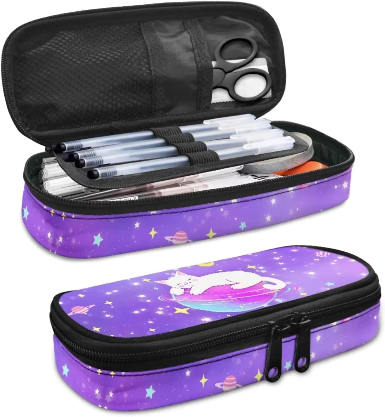 3PCS School Backpack for Boys Girls, Kids Galaxy Backpack for Teens Elementary Middle High School Students Cat Prints Large Capacity School Shoulder Bags with Lunch Box and Pencil Case