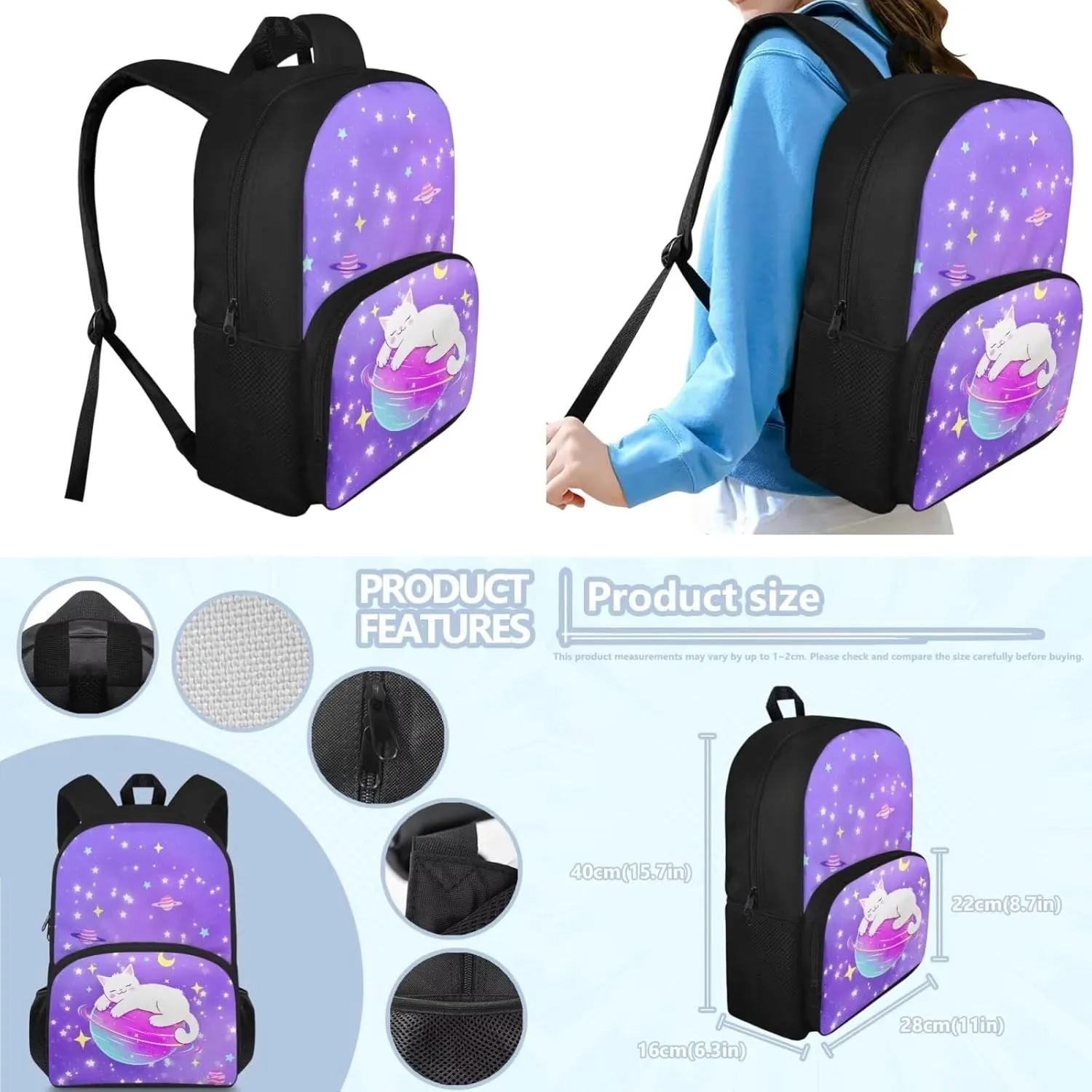 3PCS School Backpack for Boys Girls, Kids Galaxy Backpack for Teens Elementary Middle High School Students Cat Prints Large Capacity School Shoulder Bags with Lunch Box and Pencil Case