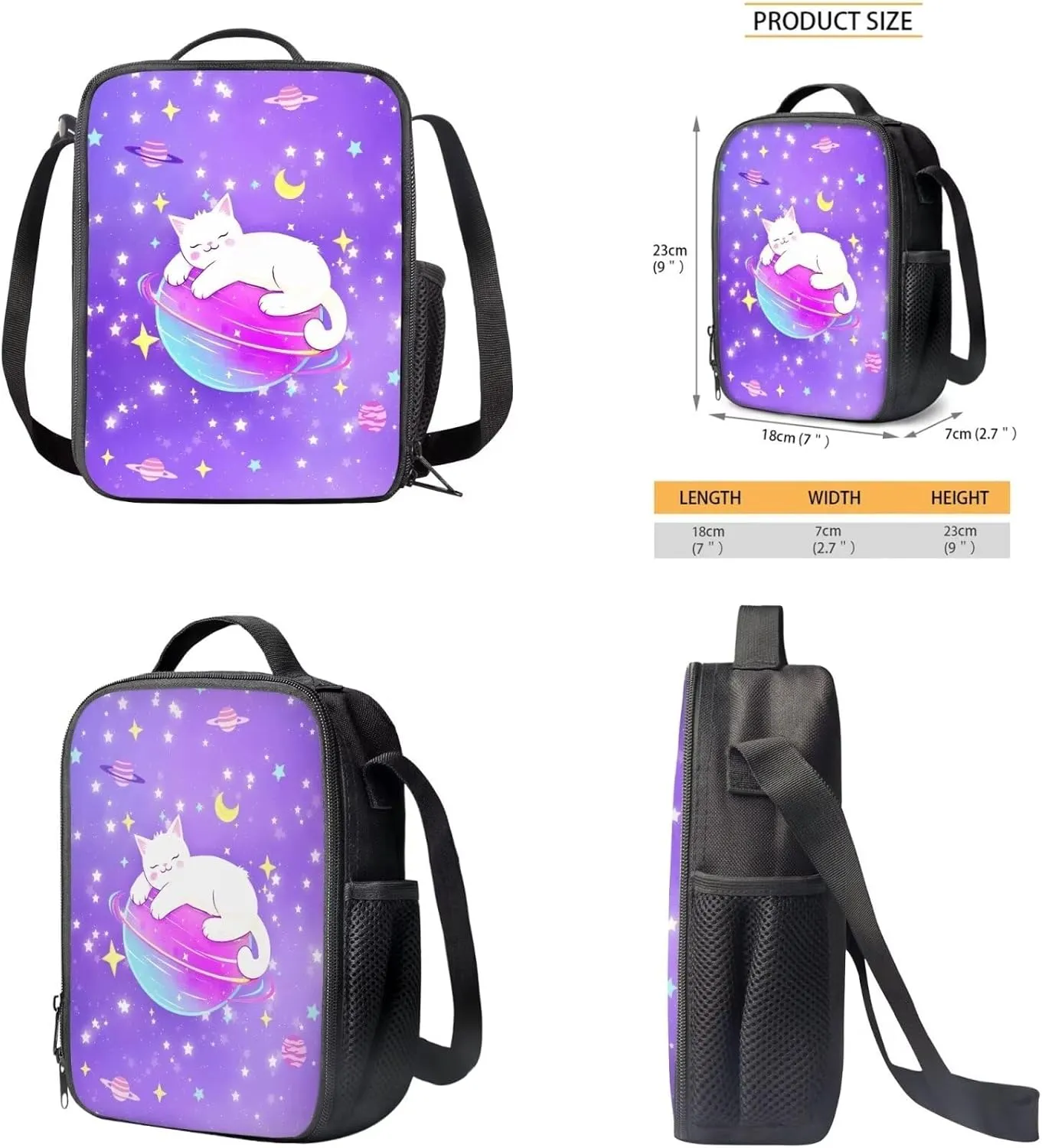 3PCS School Backpack for Boys Girls, Kids Galaxy Backpack for Teens Elementary Middle High School Students Cat Prints Large Capacity School Shoulder Bags with Lunch Box and Pencil Case