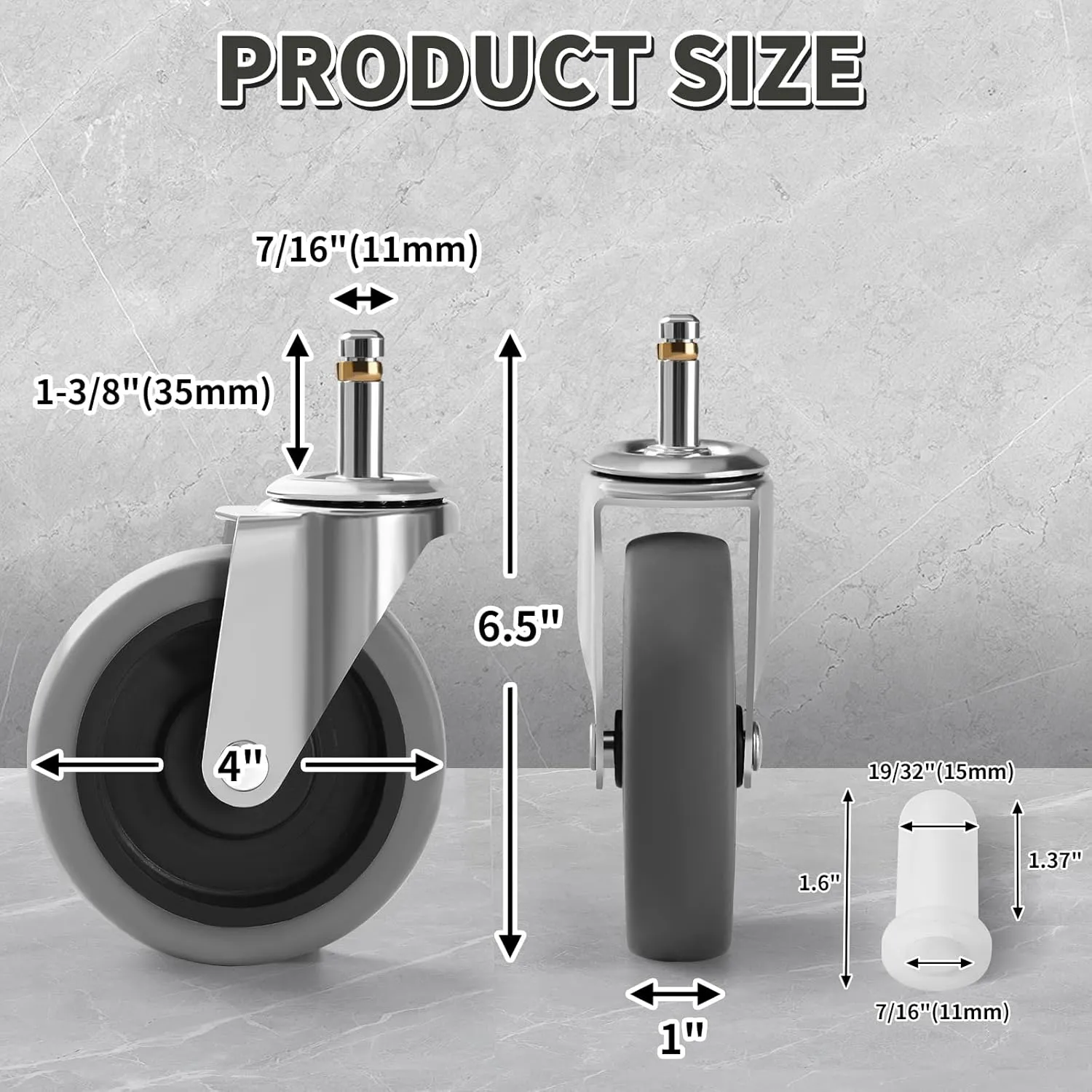 4 Inches Stem Caster Wheels, 7/16-Inch Stem Diameter Swivel Casters Set of 4 Heavy Duty TPR Replacement Wheels for Utility Cart Rubbermaid Mop Bucket Shop Vac Weber Grills