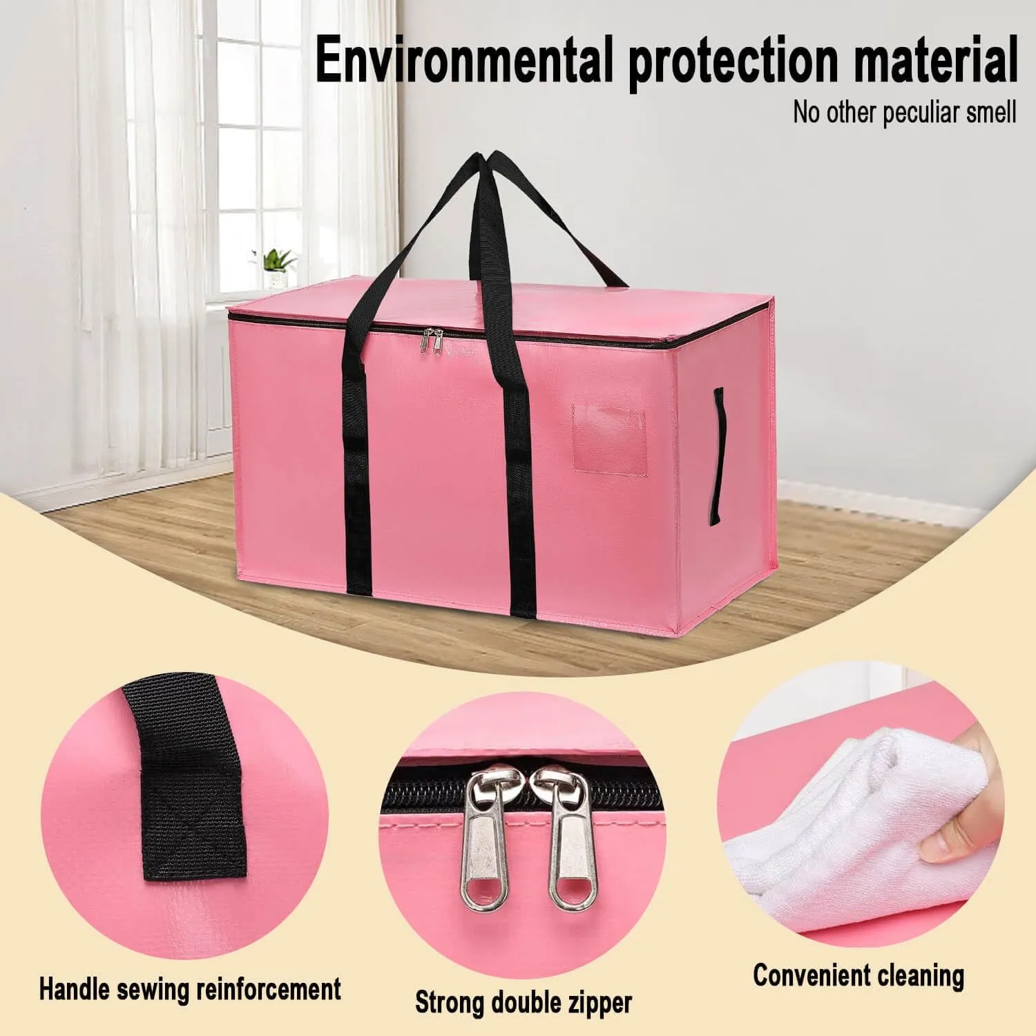 4 Pack Large Moving Bags with Zippers & Carrying Handles, Heavy Duty Storage Tote Moving Boxes ，Space Saving (Pink, 4 Pack)