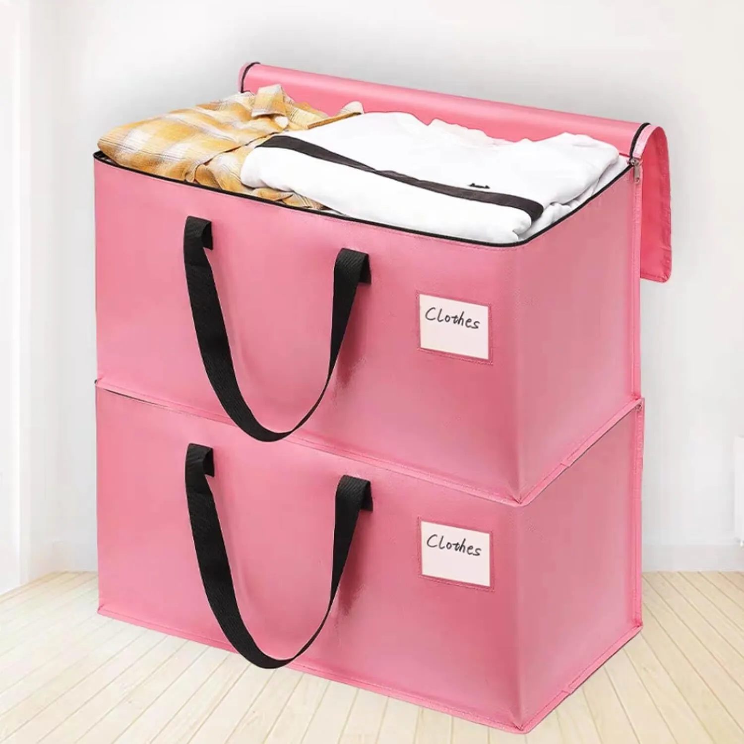4 Pack Large Moving Bags with Zippers & Carrying Handles, Heavy Duty Storage Tote Moving Boxes ，Space Saving (Pink, 4 Pack)
