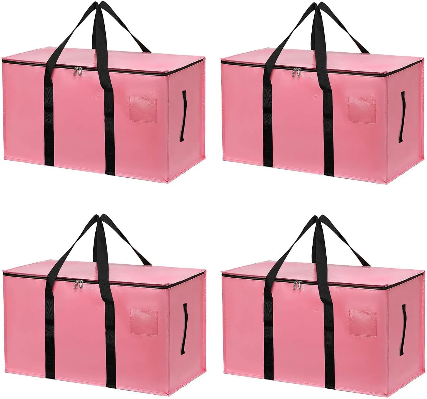 4 Pack Large Moving Bags with Zippers & Carrying Handles, Heavy Duty Storage Tote Moving Boxes ，Space Saving (Pink, 4 Pack)
