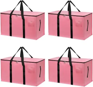 4 Pack Large Moving Bags with Zippers & Carrying Handles, Heavy Duty Storage Tote Moving Boxes ，Space Saving (Pink, 4 Pack)