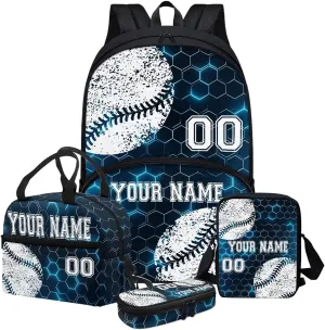 4 Pcs Baseball Print Toddler Customized Travel Bookbag Set, Blue Hexagonal Checkered School Bag Bookbag Schoolbag Crossbody Handbags Insulated Lunch Bag Pen Case Phone Pouch for Kids
