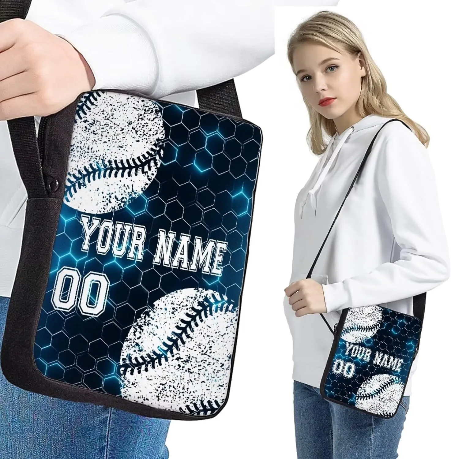 4 Pcs Baseball Print Toddler Customized Travel Bookbag Set, Blue Hexagonal Checkered School Bag Bookbag Schoolbag Crossbody Handbags Insulated Lunch Bag Pen Case Phone Pouch for Kids