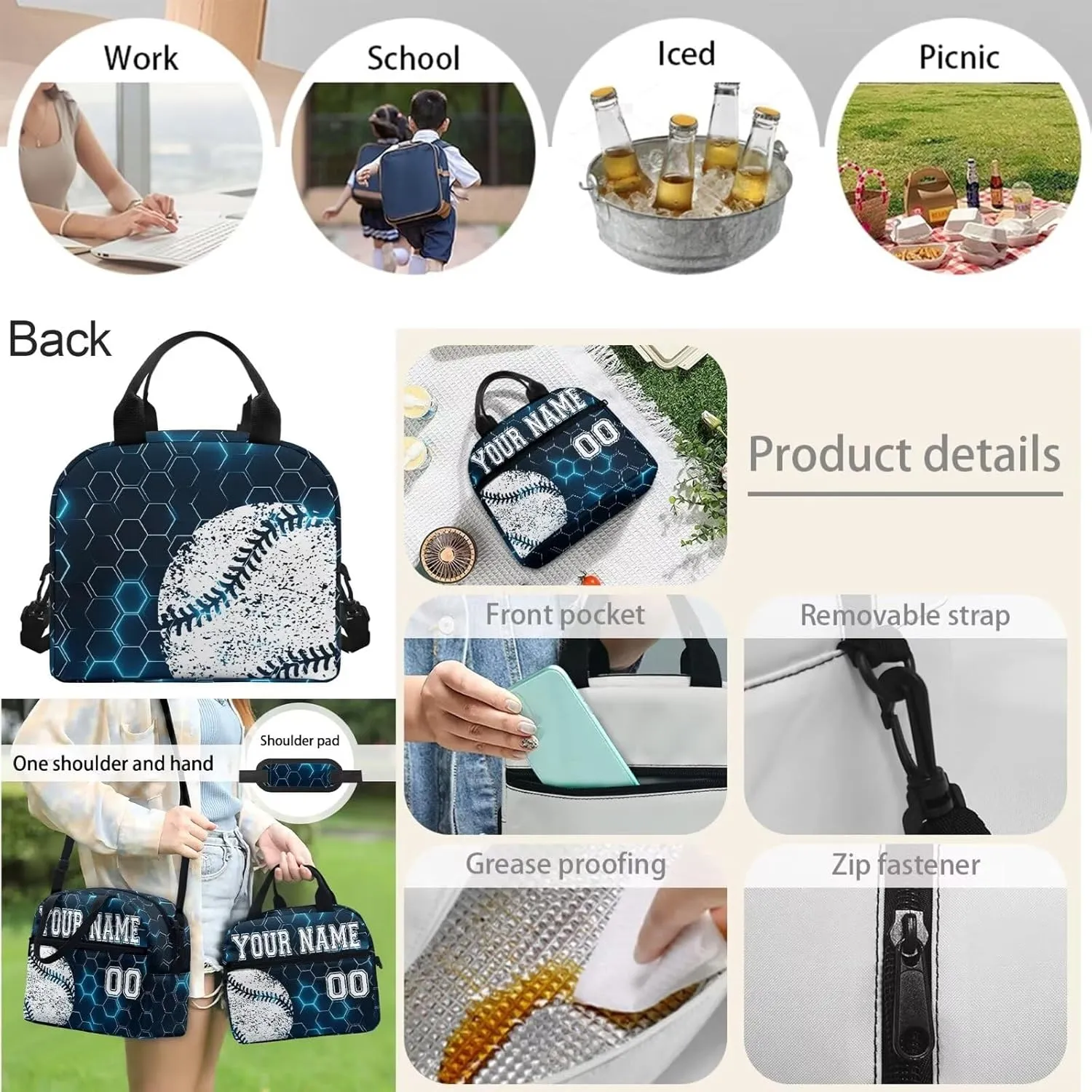 4 Pcs Baseball Print Toddler Customized Travel Bookbag Set, Blue Hexagonal Checkered School Bag Bookbag Schoolbag Crossbody Handbags Insulated Lunch Bag Pen Case Phone Pouch for Kids