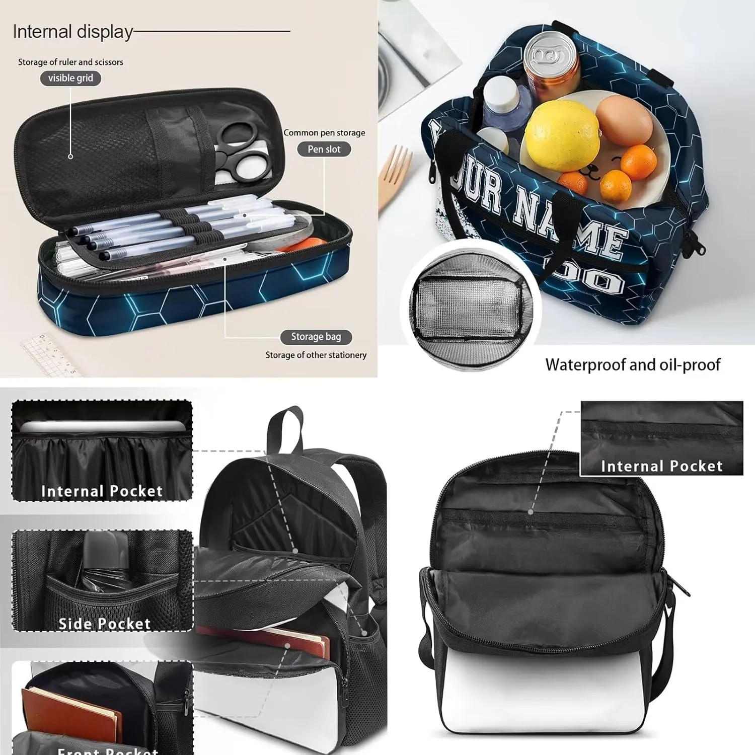 4 Pcs Baseball Print Toddler Customized Travel Bookbag Set, Blue Hexagonal Checkered School Bag Bookbag Schoolbag Crossbody Handbags Insulated Lunch Bag Pen Case Phone Pouch for Kids