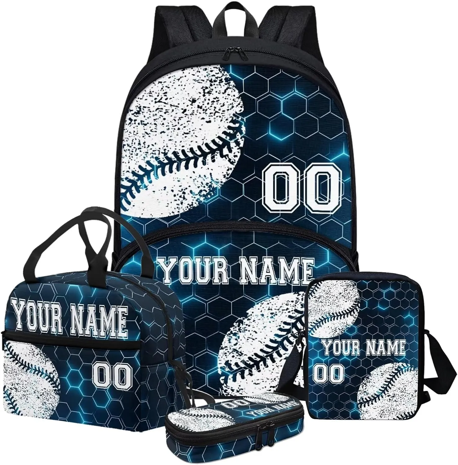 4 Pcs Baseball Print Toddler Customized Travel Bookbag Set, Blue Hexagonal Checkered School Bag Bookbag Schoolbag Crossbody Handbags Insulated Lunch Bag Pen Case Phone Pouch for Kids