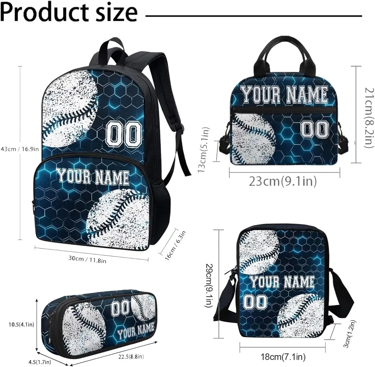 4 Pcs Baseball Print Toddler Customized Travel Bookbag Set, Blue Hexagonal Checkered School Bag Bookbag Schoolbag Crossbody Handbags Insulated Lunch Bag Pen Case Phone Pouch for Kids