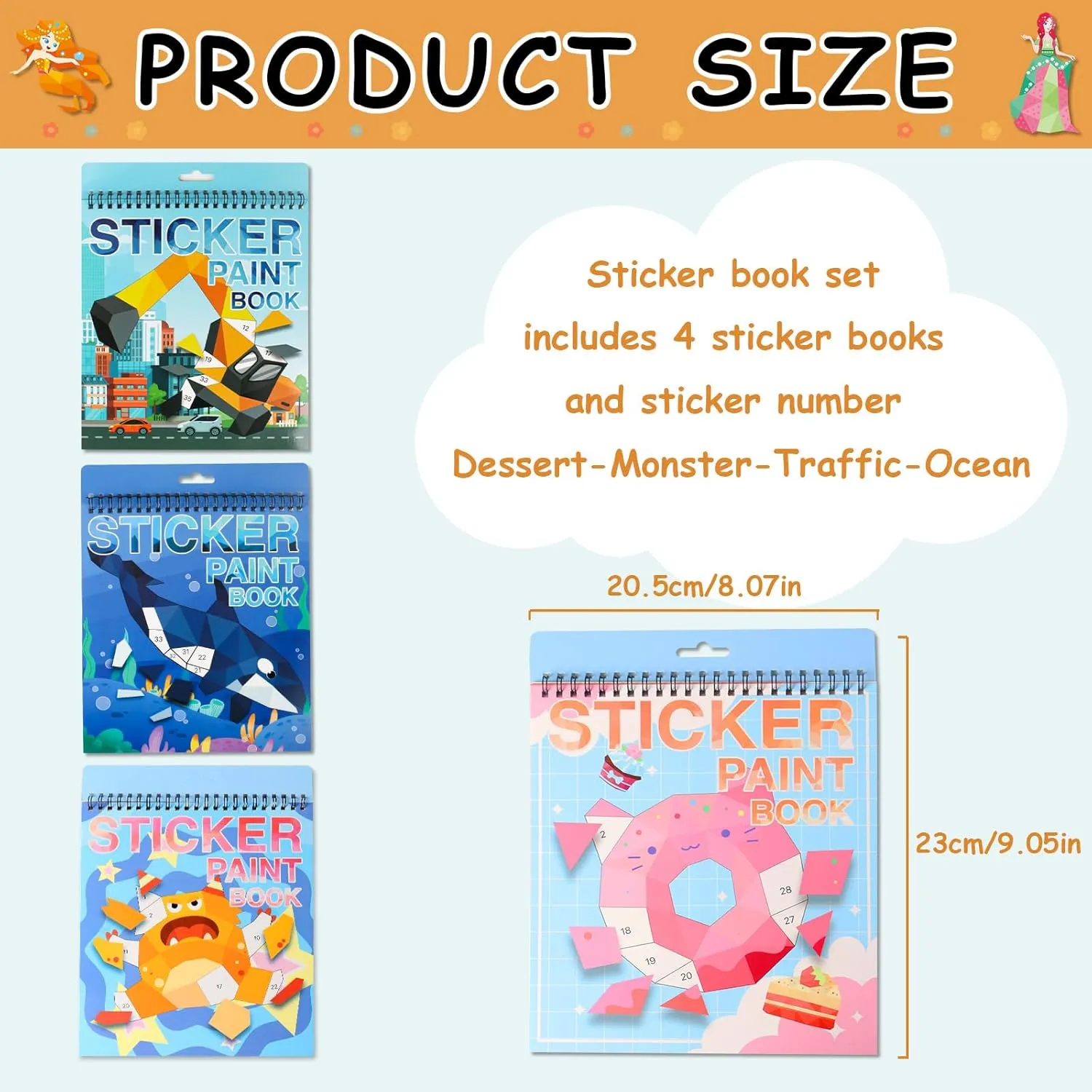 4 PCS Sticker by Number Sticker Paint Books for Kids Boys Girls Ages 4-8 Ocean Vehicles Desserts Monster Stickers Party Favors Road Plane Travel Activity Book Toy Gifts