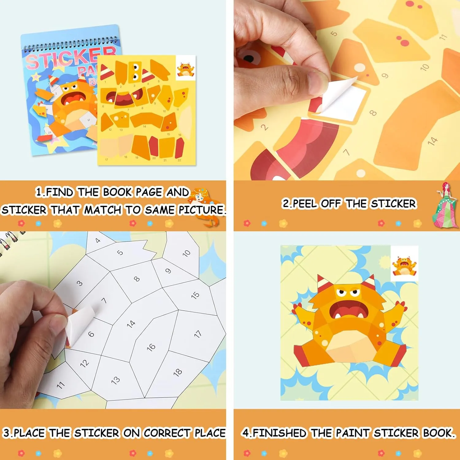 4 PCS Sticker by Number Sticker Paint Books for Kids Boys Girls Ages 4-8 Ocean Vehicles Desserts Monster Stickers Party Favors Road Plane Travel Activity Book Toy Gifts