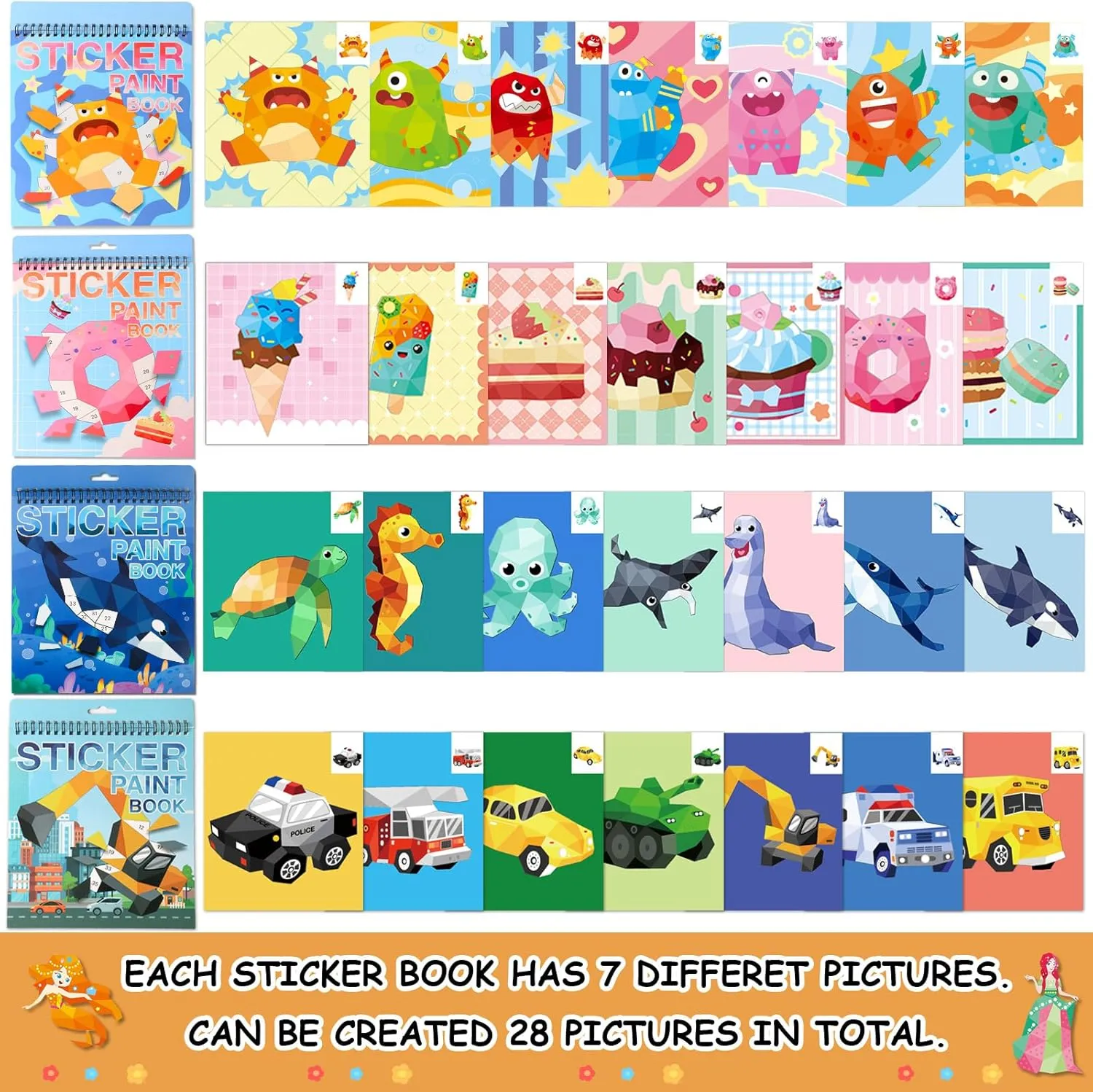 4 PCS Sticker by Number Sticker Paint Books for Kids Boys Girls Ages 4-8 Ocean Vehicles Desserts Monster Stickers Party Favors Road Plane Travel Activity Book Toy Gifts