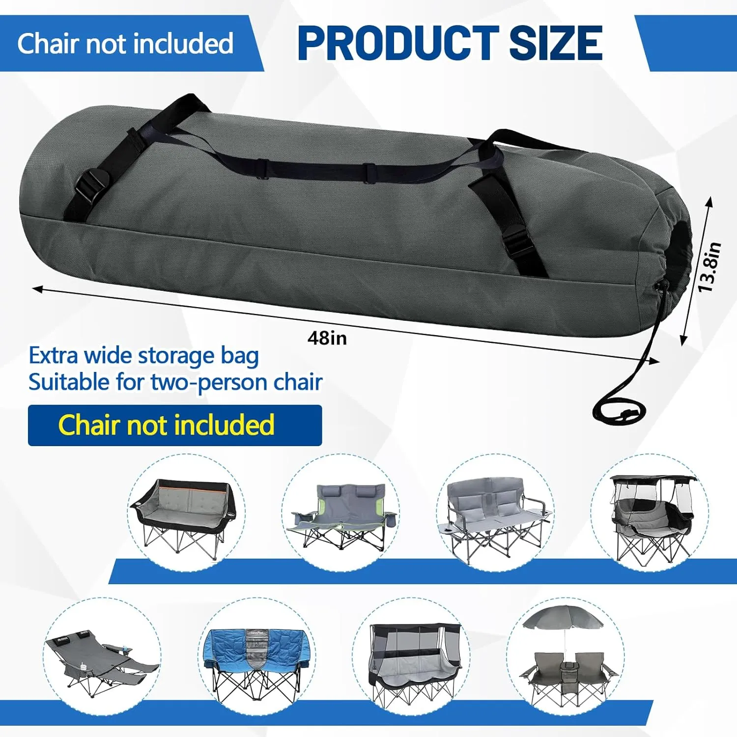48"x14" Double Camping Chair Replacement Bag Heavy Duty Large Storage Bag Outdoor Folding Carrying with Shoulder Strap Heavy Duty for Travel (Chair is Not Included)(Grey)