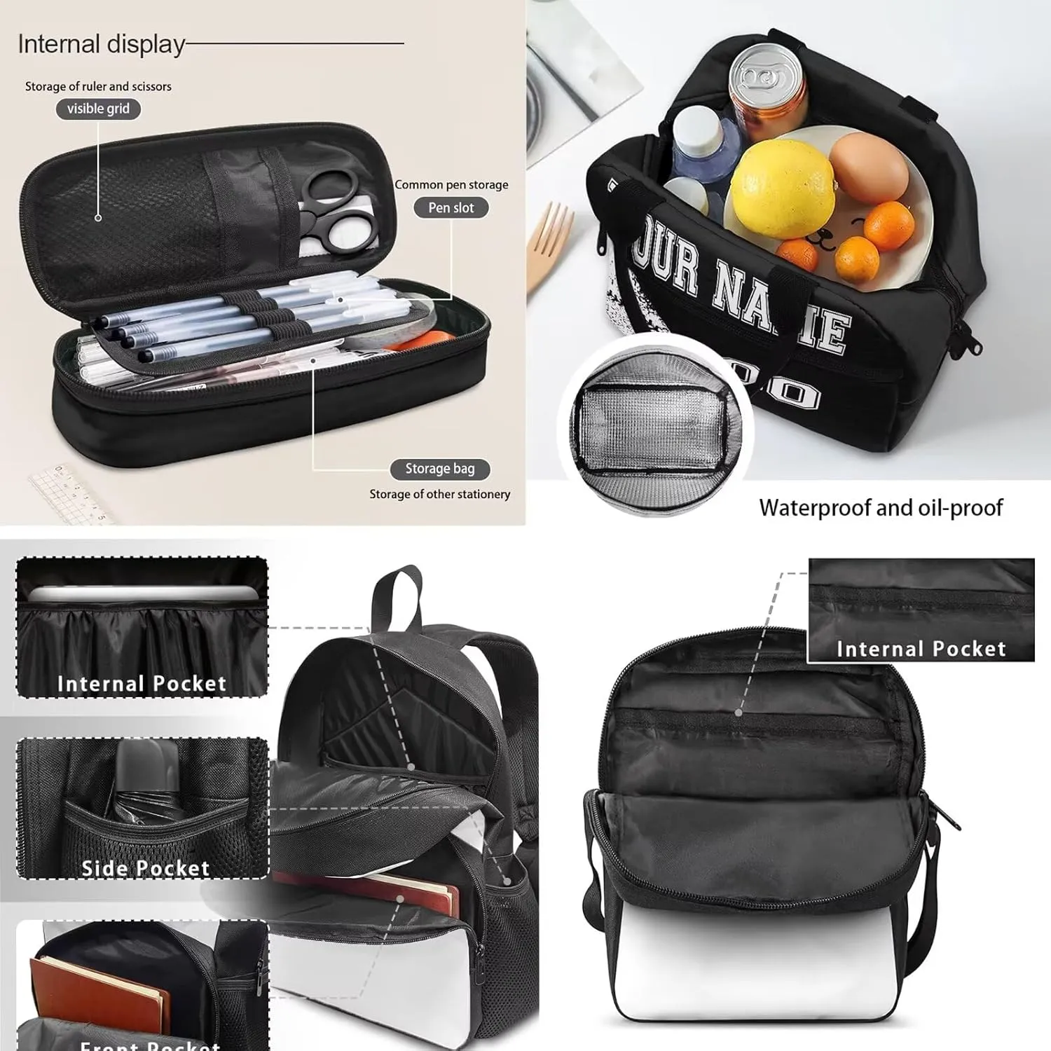 4Pcs Custom Baseball Backpack Set with Lunch Box, Cross Body Bag School Backpacks Pencil Case for Kids Girls Boys Teens, Black