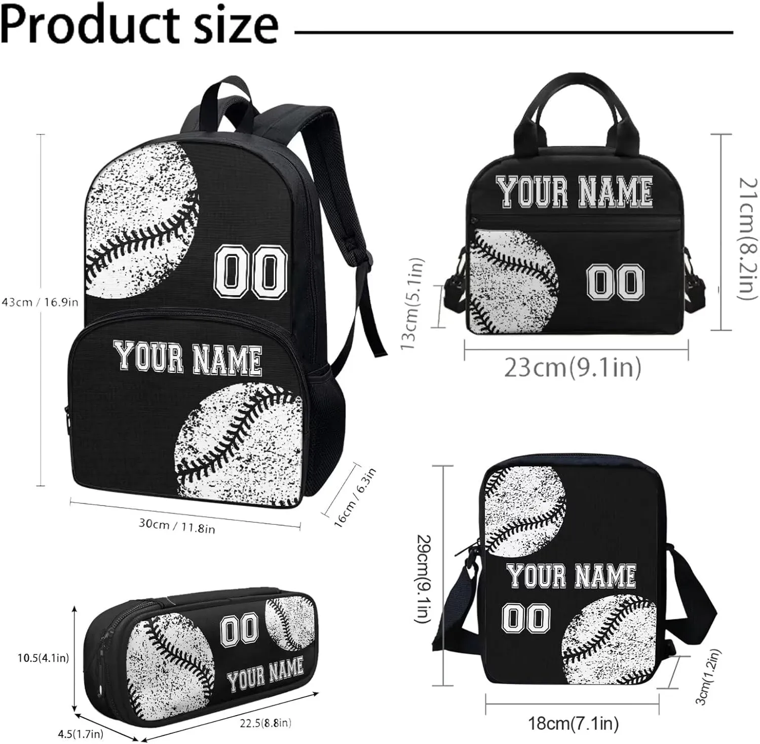 4Pcs Custom Baseball Backpack Set with Lunch Box, Cross Body Bag School Backpacks Pencil Case for Kids Girls Boys Teens, Black