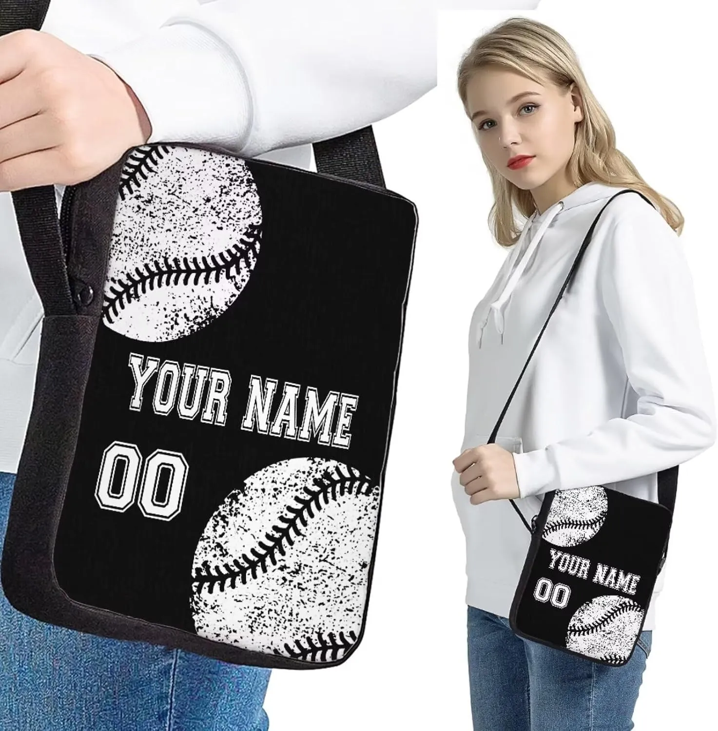 4Pcs Custom Baseball Backpack Set with Lunch Box, Cross Body Bag School Backpacks Pencil Case for Kids Girls Boys Teens, Black