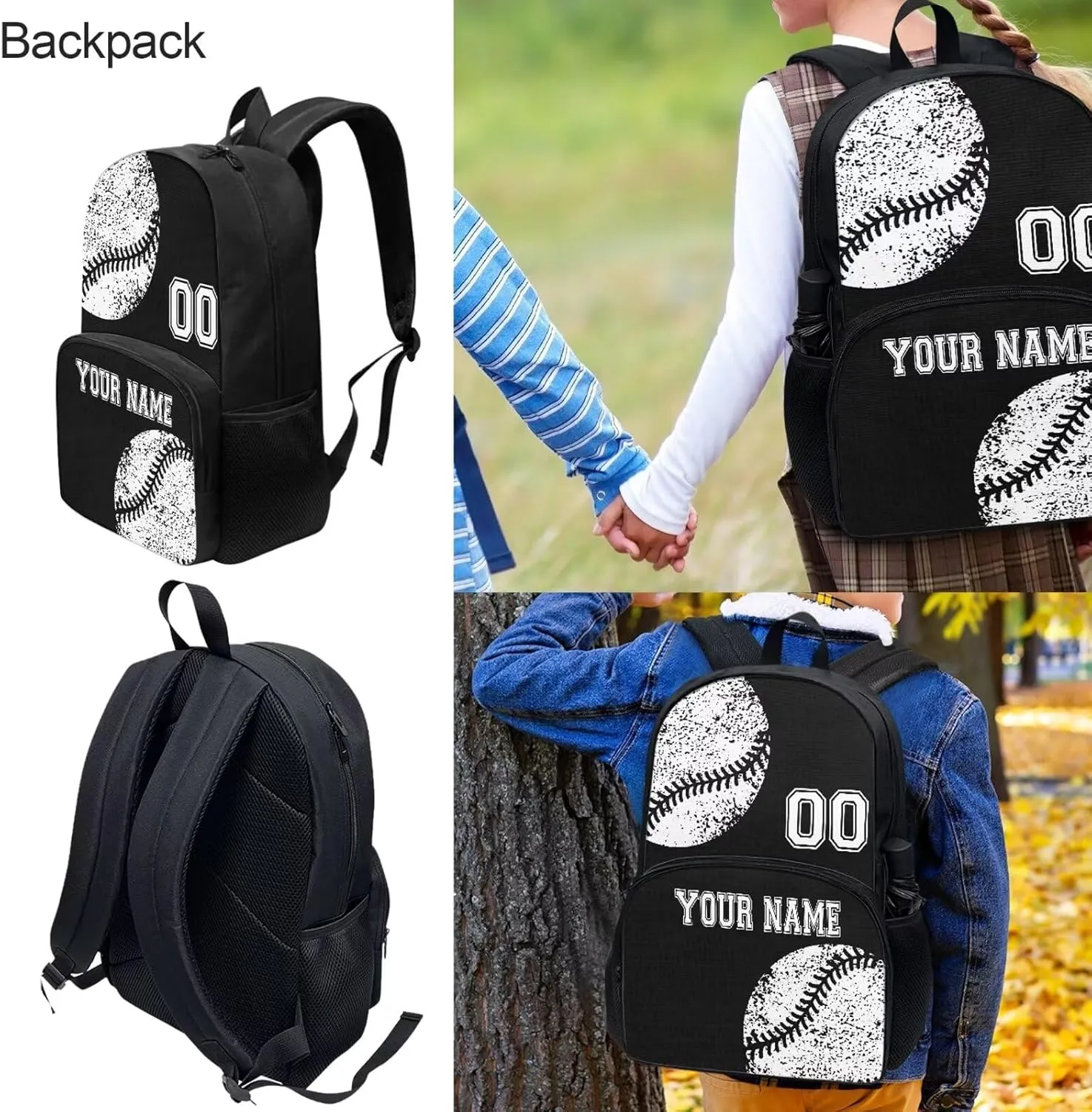 4Pcs Custom Baseball Backpack Set with Lunch Box, Cross Body Bag School Backpacks Pencil Case for Kids Girls Boys Teens, Black