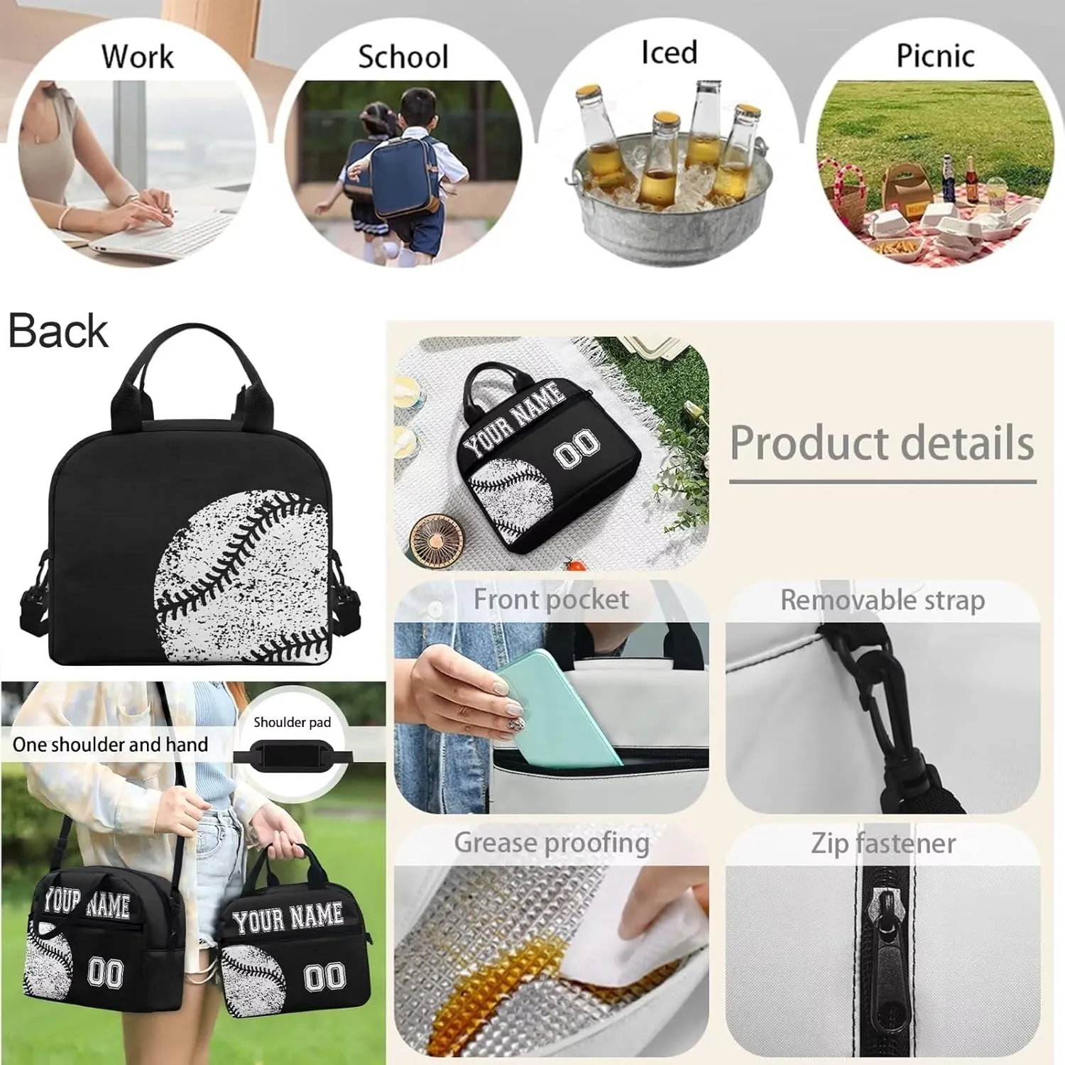 4Pcs Custom Baseball Backpack Set with Lunch Box, Cross Body Bag School Backpacks Pencil Case for Kids Girls Boys Teens, Black